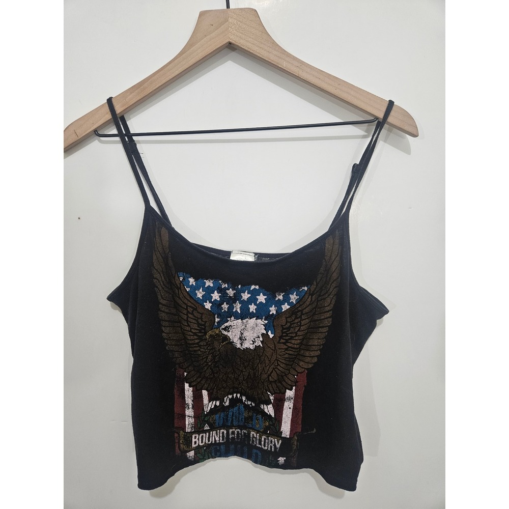 Word of Mouth Eagle Graphic Lace Back Crop Cami Tank Top Black Medium